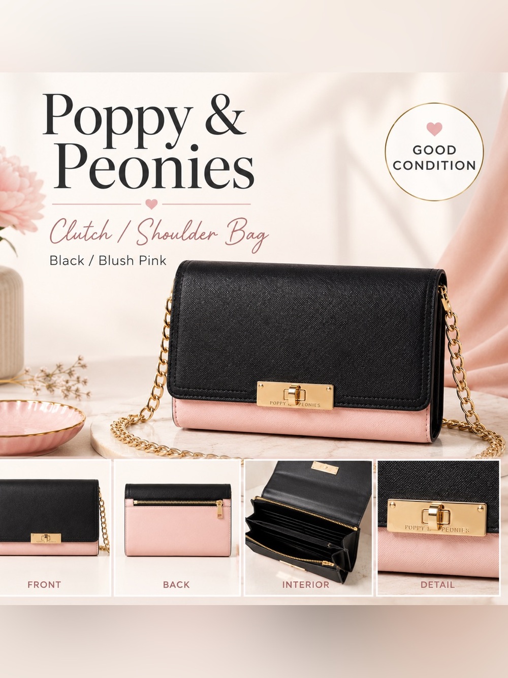 Poppy & Peonies Black and Blush Pink Chain Strap Clutch